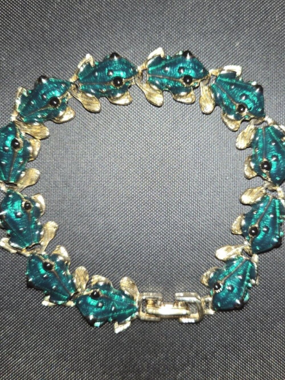 Vintage Gold Tone Green Enamel Frog Link Statement Bracelet - 7.25"